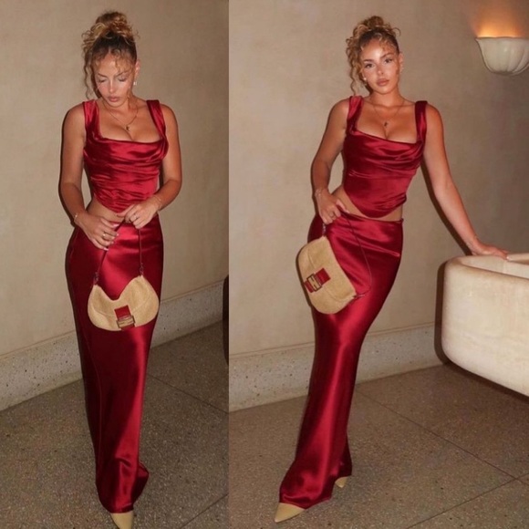 House of CB Set Una & Sydel corset top lace up maxi skit red‎ NWOT Size M - Picture 14 of 15